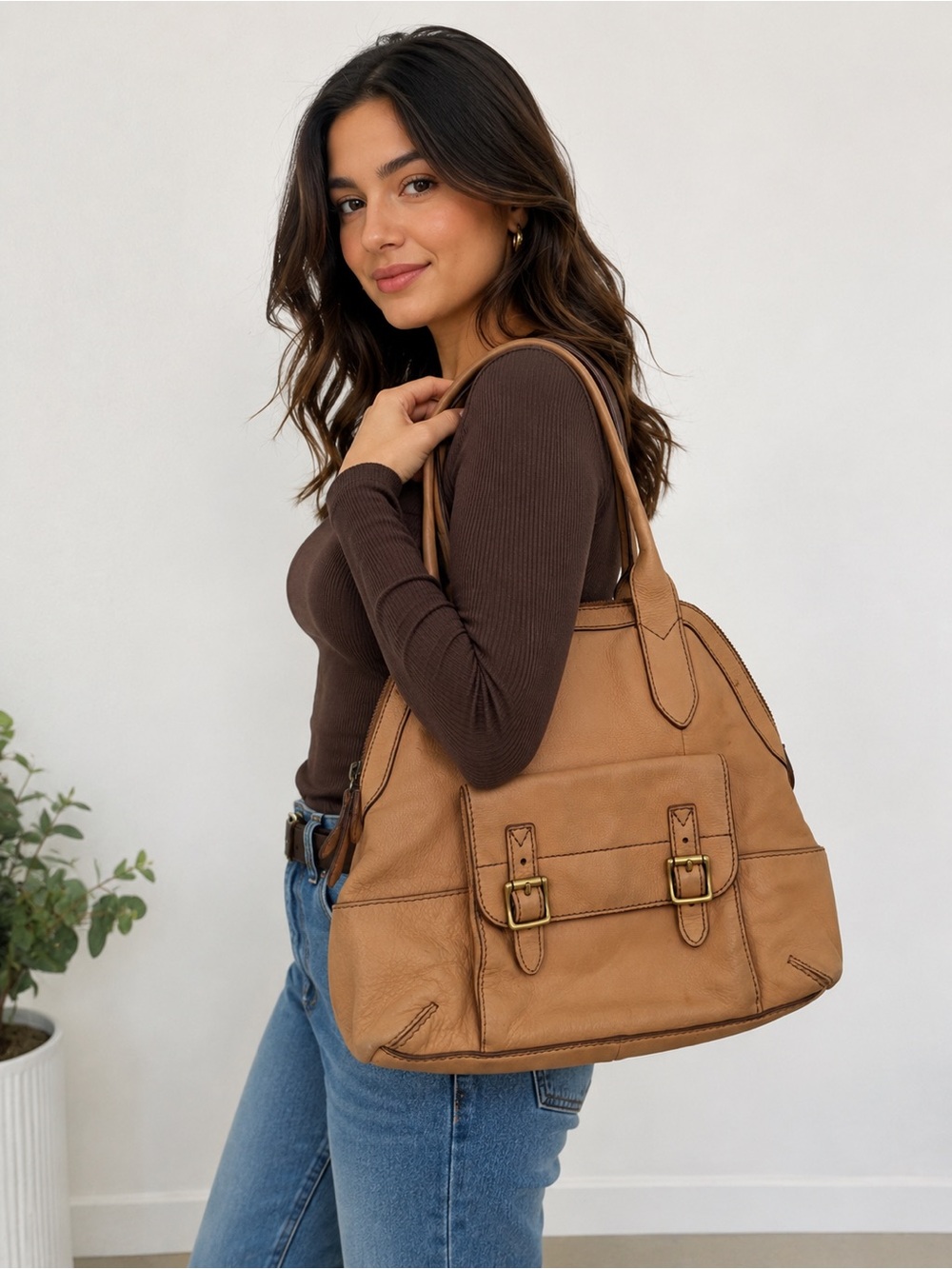 Fossil Tan Leather Shoulder Bag